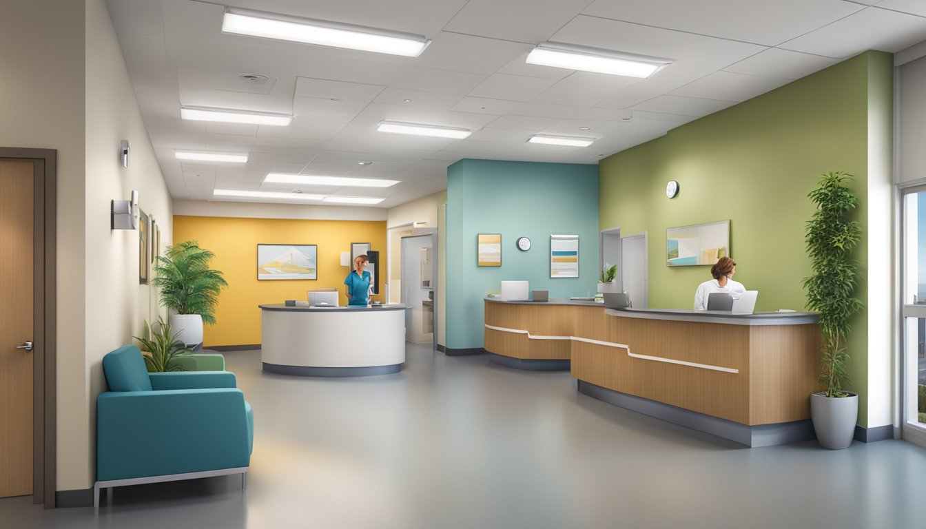 The bustling clinic lobby features modern decor, comfortable seating, and a reception desk. Patients await their appointments while staff members efficiently manage the flow of the clinic