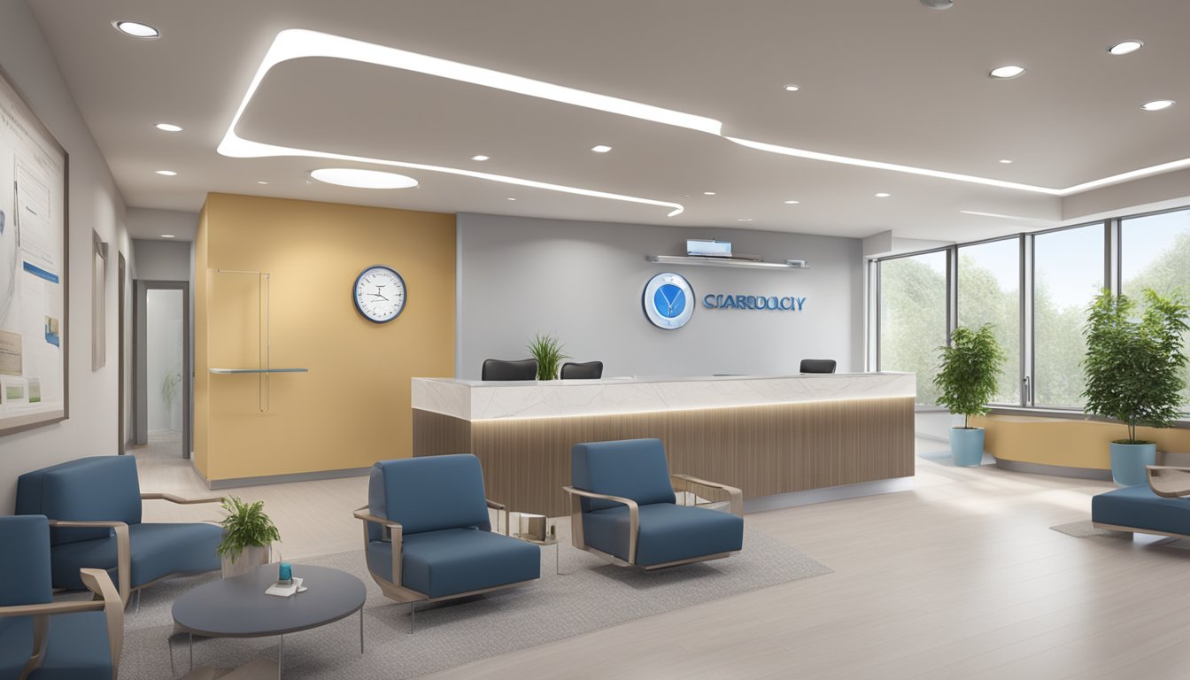 A modern, spacious cardiology clinic with state-of-the-art equipment and comfortable seating. The clinic's logo and name are prominently displayed on the reception desk