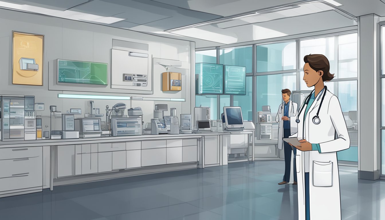 A doctor in a white lab coat stands in front of a modern, high-tech cardiology clinic, with a sign reading "Doctor Expertise Heart Specialist International - Cardiology Clinic Review" prominently displayed