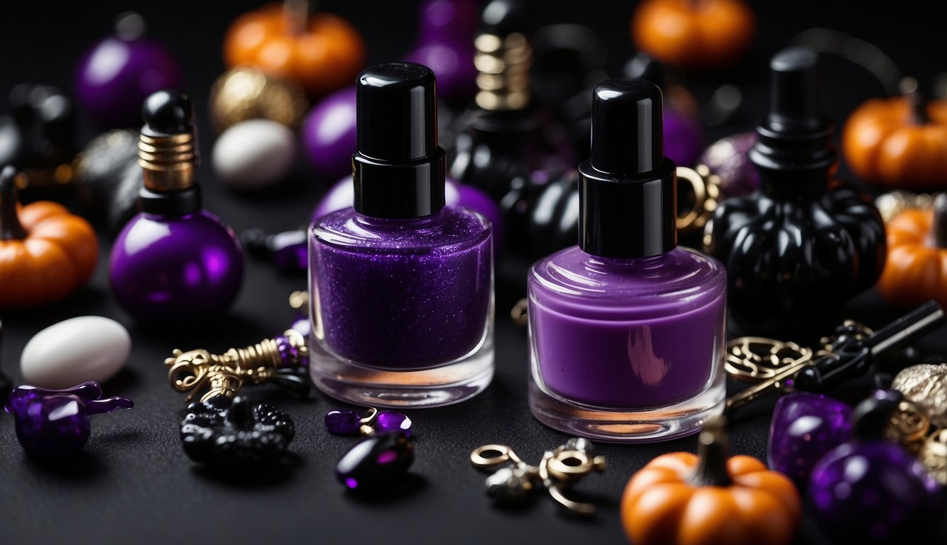 Purple nail polish bottles and various design tools scattered on a black table with Halloween-themed nail art inspiration pinned on the wall Purple Halloween Nails Ideas