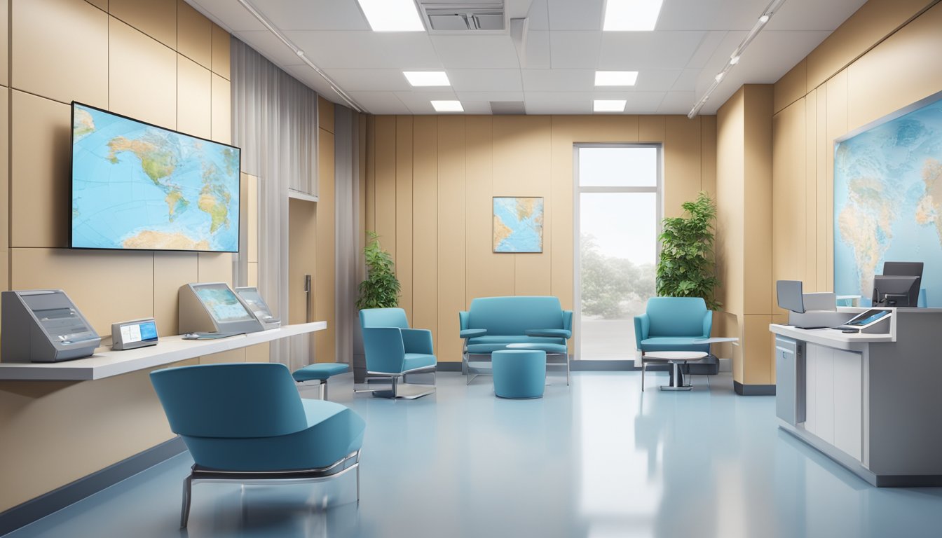 A modern, sleek cardiology clinic with a global feel. A world map on the wall, high-tech equipment, and a welcoming reception area