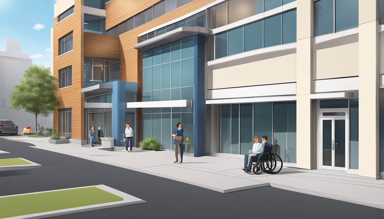 A modern, spacious cardiology clinic with wheelchair-accessible entrance, located in a bustling urban area with ample parking and nearby public transportation