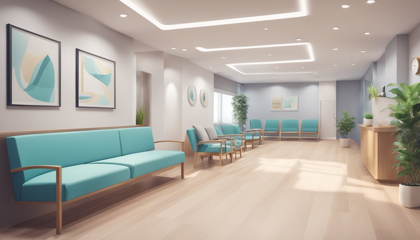 A modern cardiology clinic with comfortable waiting area and state-of-the-art equipment. Calm, inviting atmosphere with natural light and soothing colors