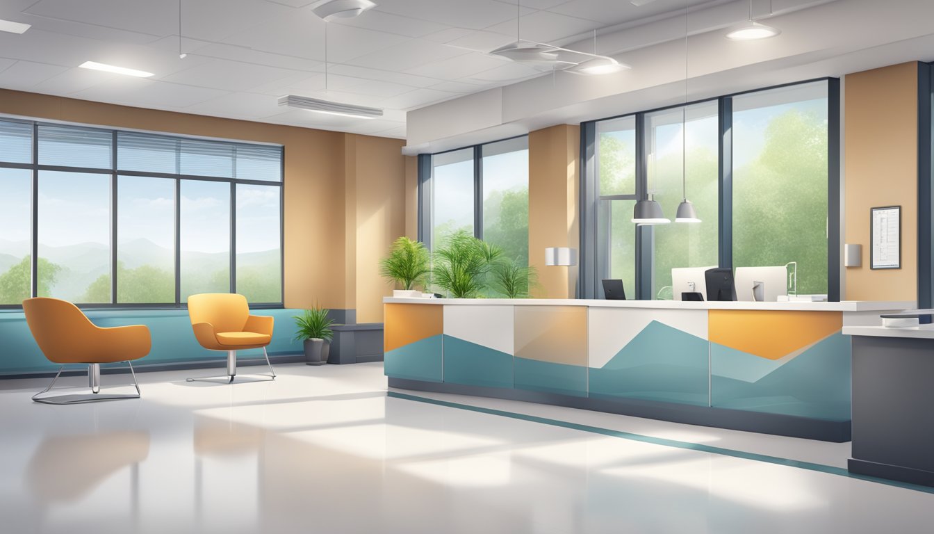 A modern cardiology clinic with a sleek and professional design, featuring a prominent sign for "Restore Heart Centre" and a clean waiting area