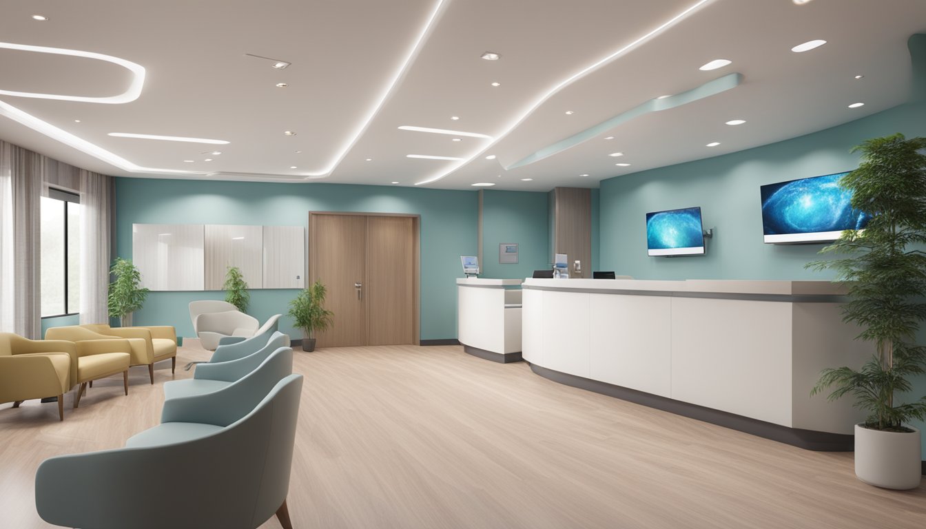 A modern cardiology clinic with state-of-the-art equipment and a calming atmosphere. The reception area is spacious and welcoming, with comfortable seating and natural light. The examination rooms are equipped with advanced technology and feature soothing colors to create a relaxing environment for patients