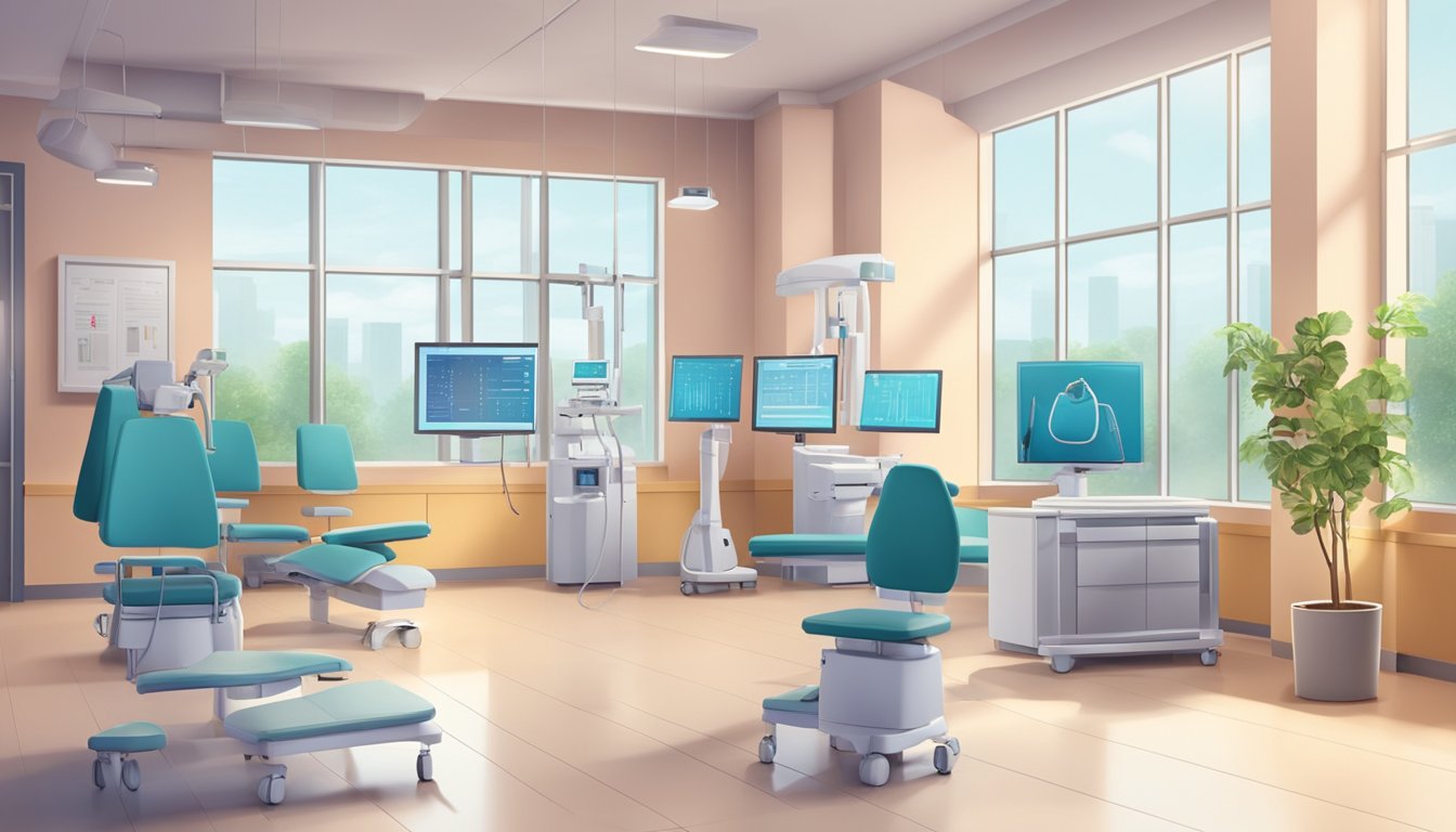 A modern cardiology clinic with professional staff, advanced equipment, and a calm, welcoming atmosphere