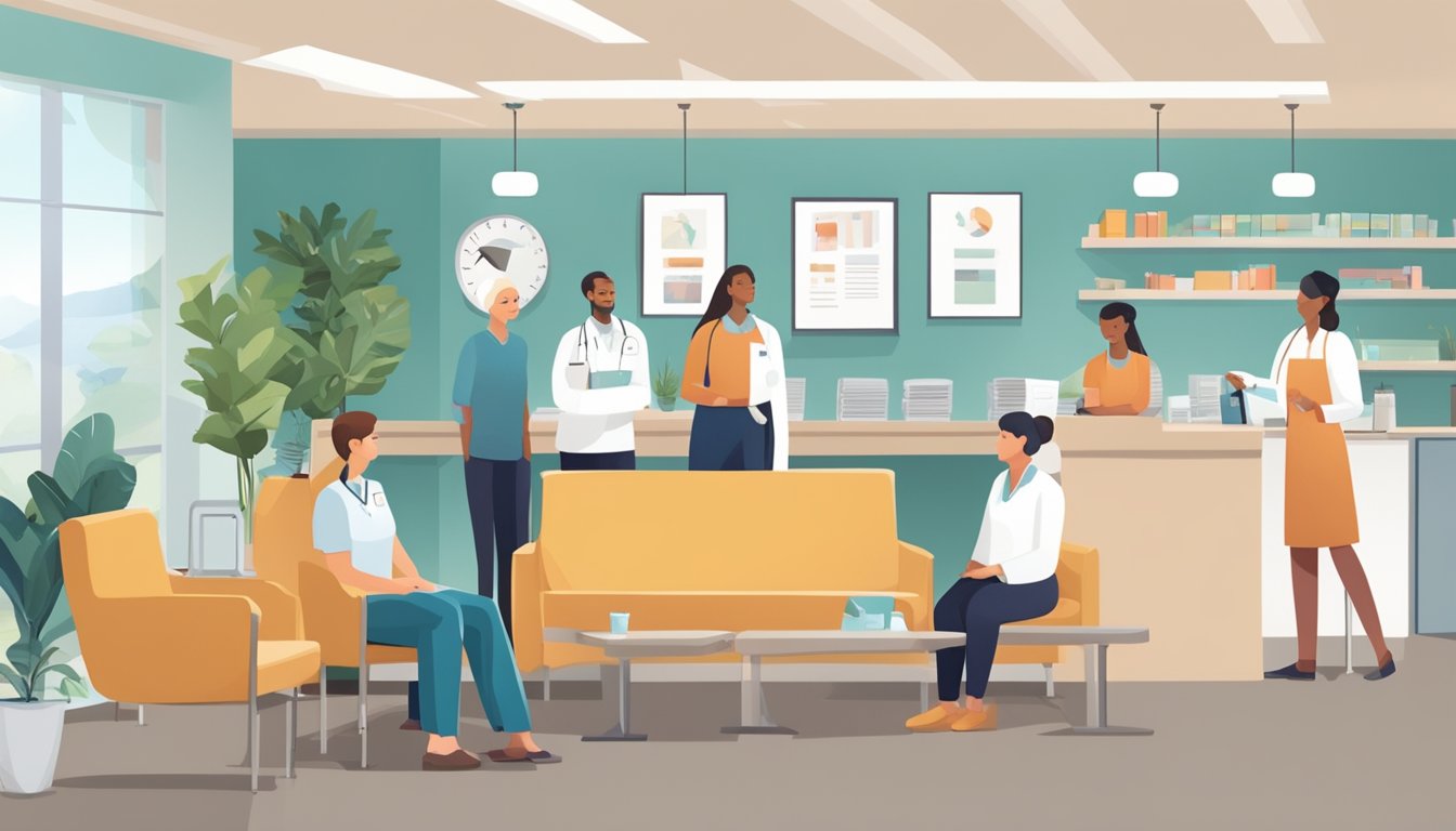 A bustling cardiology clinic with patients checking in, staff assisting, and a calming waiting area with comfortable seating and soothing decor