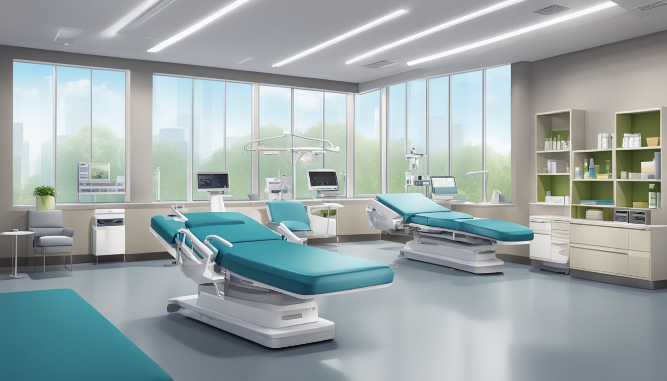 A modern, spacious cardiology clinic with sleek furniture, large windows, and medical equipment neatly organized. The logo "Cardiac Care Partners" is prominently displayed