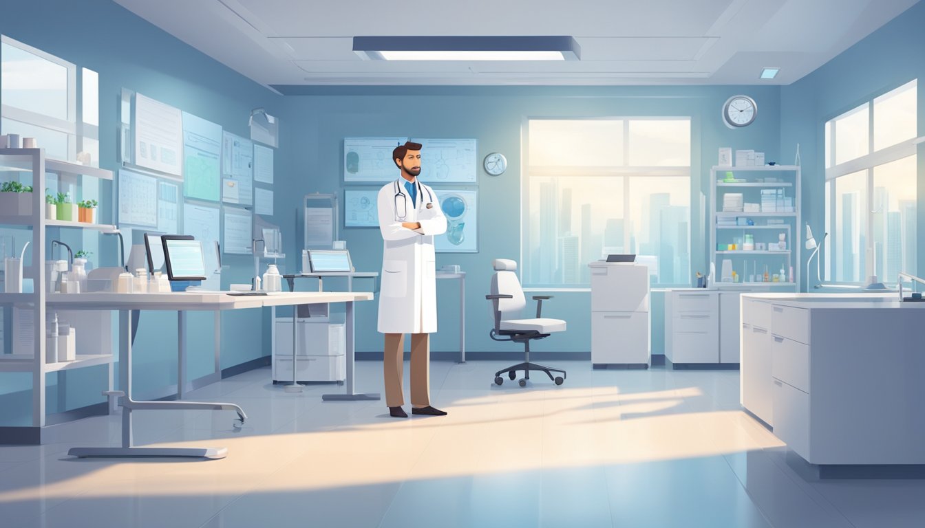 A doctor in a white coat stands in a modern cardiology clinic, surrounded by medical equipment and charts. The room is bright and clean, with a calming atmosphere