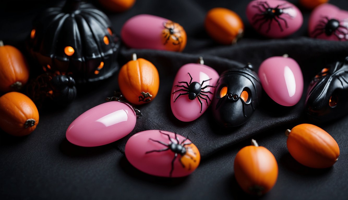 Pink halloween nails arranged on a black surface with spooky accessories like bats, spiders, and pumpkins Pink Halloween Nails,