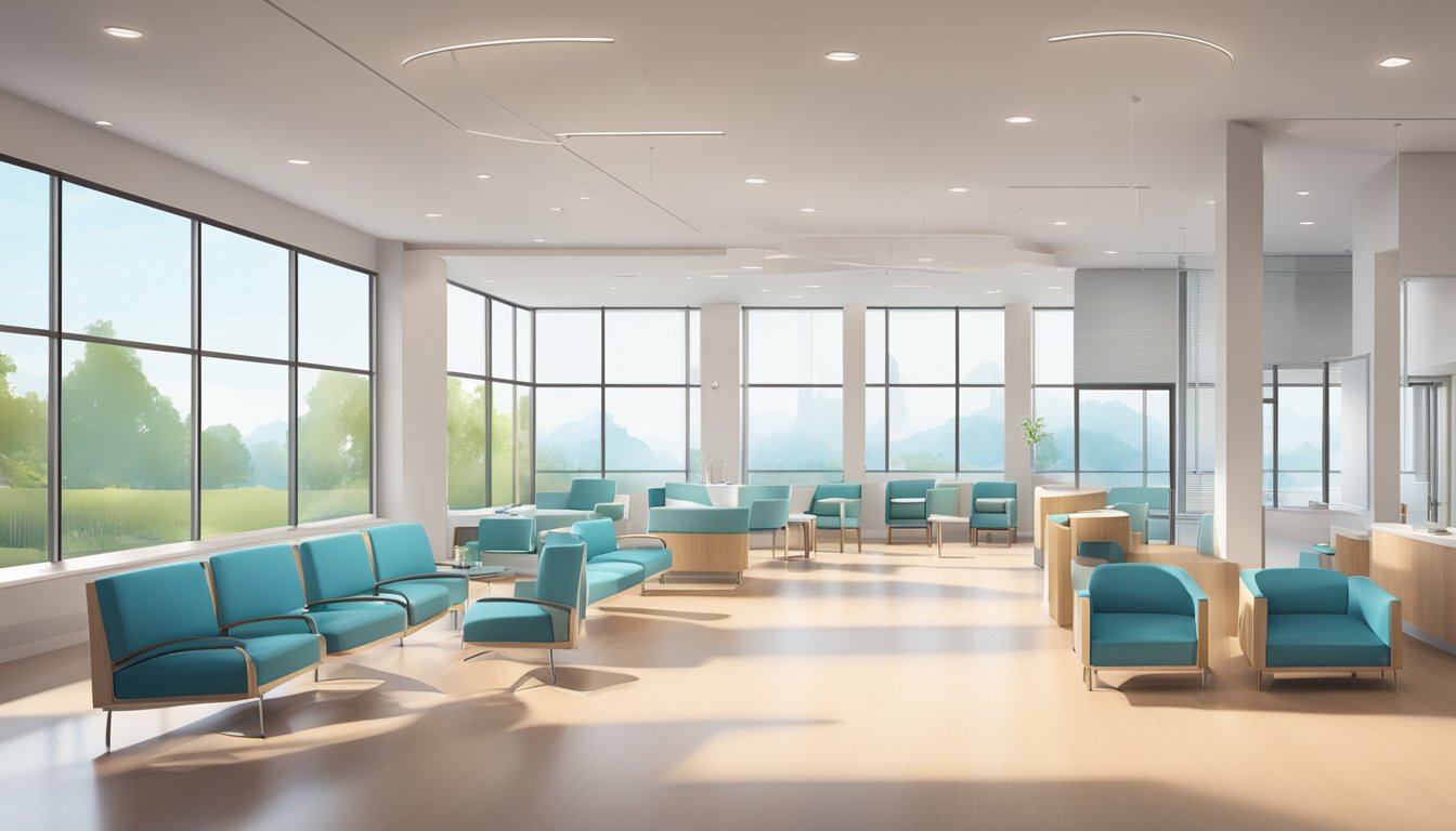 A modern cardiology clinic with sleek design, comfortable waiting area, and state-of-the-art equipment. Bright natural light filters through large windows, creating a calm and inviting atmosphere