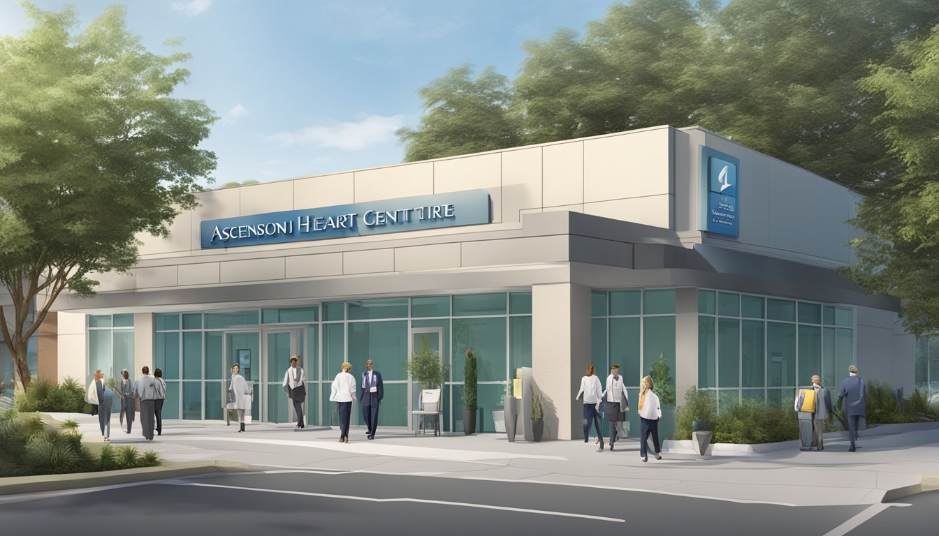 The exterior of Ascension Heart Centre - Cardiology Clinic, with the clinic's sign prominently displayed and patients entering and exiting the building