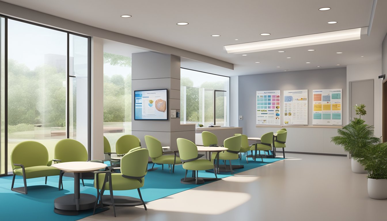 A modern cardiology clinic with state-of-the-art equipment and comfortable waiting area. The reception desk is staffed by friendly professionals, and the walls are adorned with educational posters on heart health