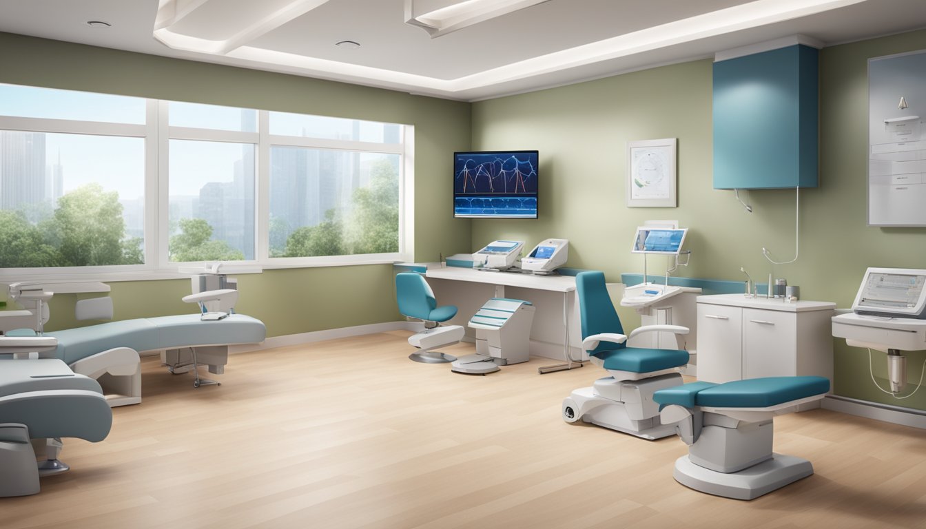 The modern cardiology clinic features sleek design, state-of-the-art equipment, and a calming atmosphere with soft lighting and comfortable seating