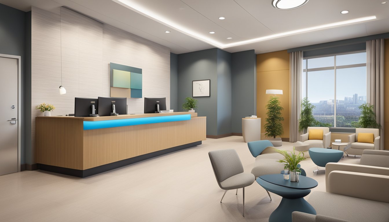 A modern cardiology clinic with sleek design, state-of-the-art equipment, and a calming atmosphere. The reception area features comfortable seating and a welcoming ambiance