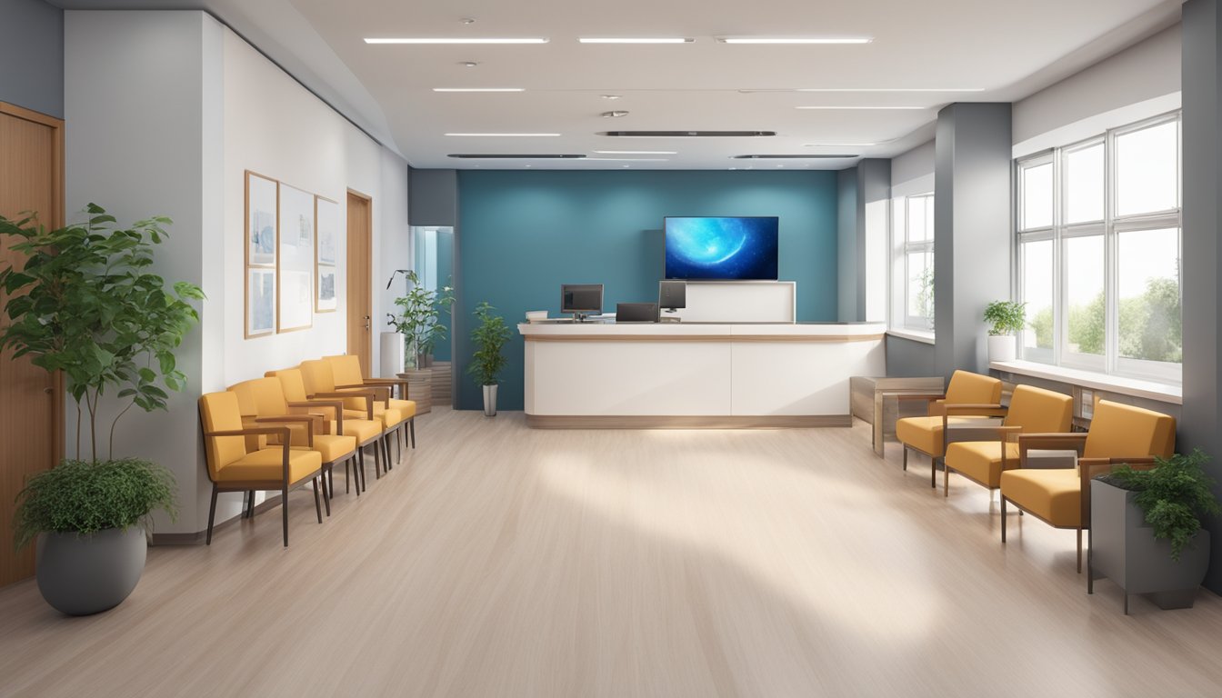 A modern cardiology clinic with state-of-the-art equipment and comfortable seating. The reception area is bright and welcoming, with a professional and friendly atmosphere