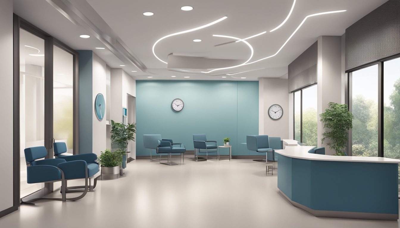 A modern cardiology clinic with a sleek waiting area, professional staff, and state-of-the-art equipment. The logo of Gramercy Heart and Vascular Centre is prominently displayed