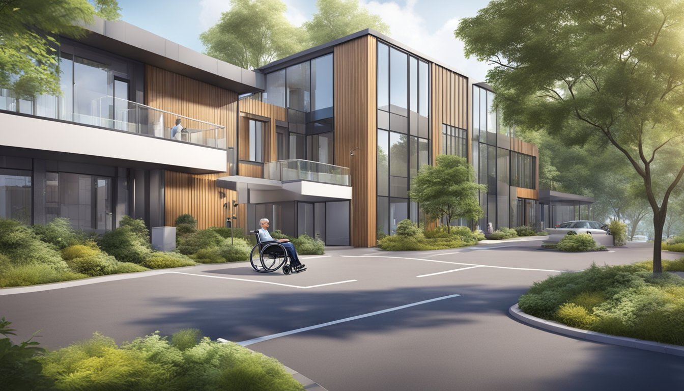 A modern cardiology clinic with wheelchair-accessible entrance and parking, surrounded by greenery and located in a bustling urban area