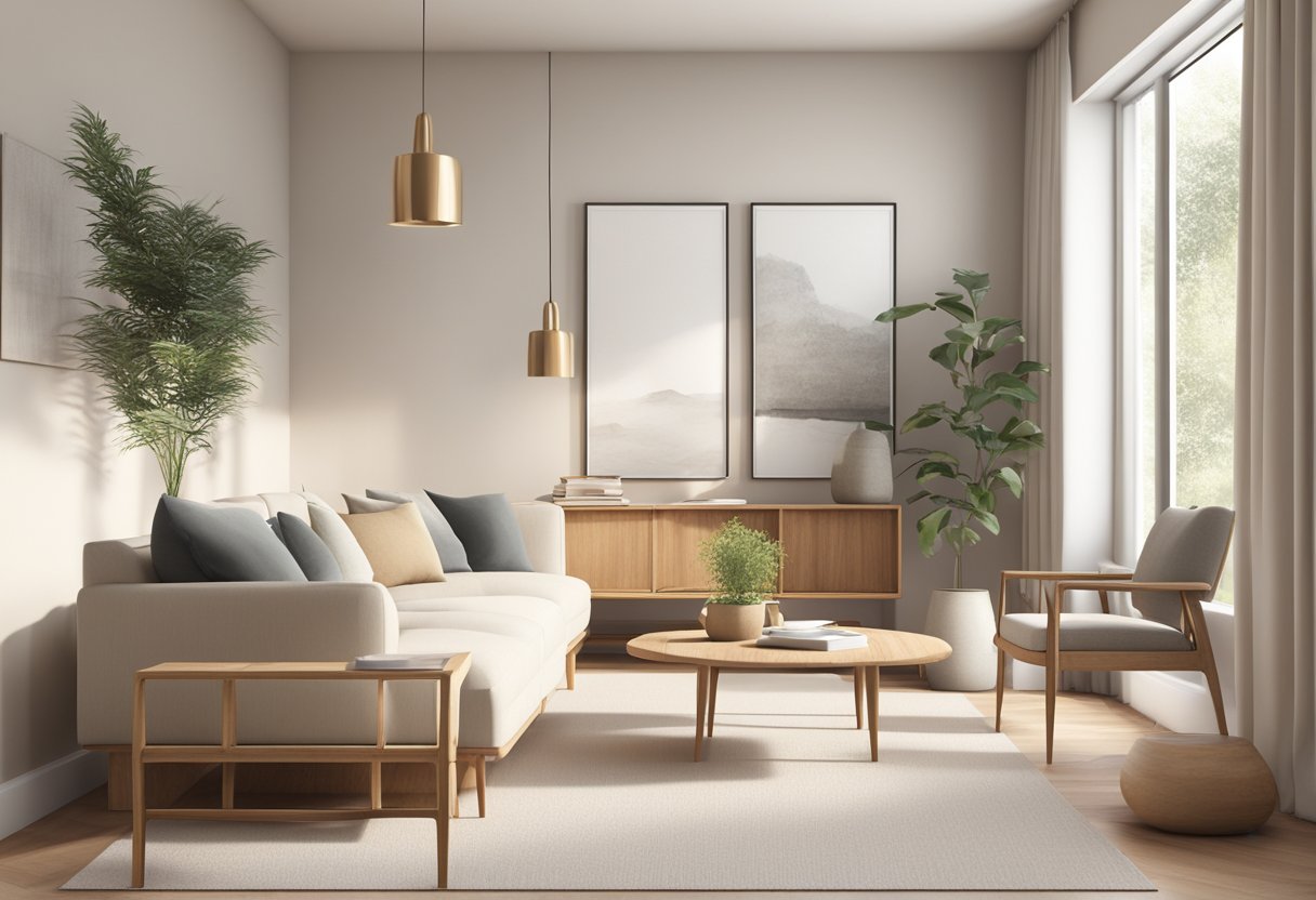 A serene room with minimal furniture, clean lines, and natural materials. Soft, neutral colors and warm wood accents create a harmonious and balanced atmosphere