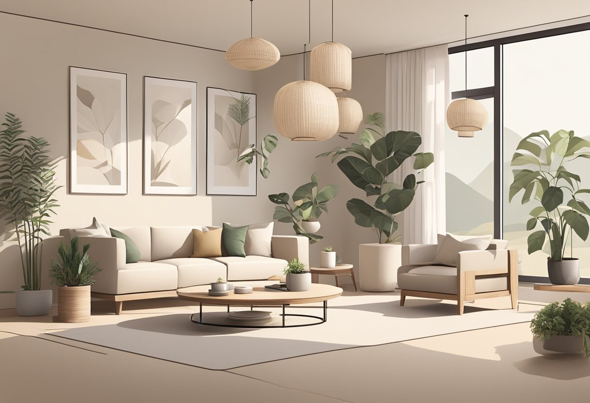 A minimalist living room with clean lines, natural materials, and a neutral color palette. Low furniture, paper lanterns, and potted plants add to the serene ambiance