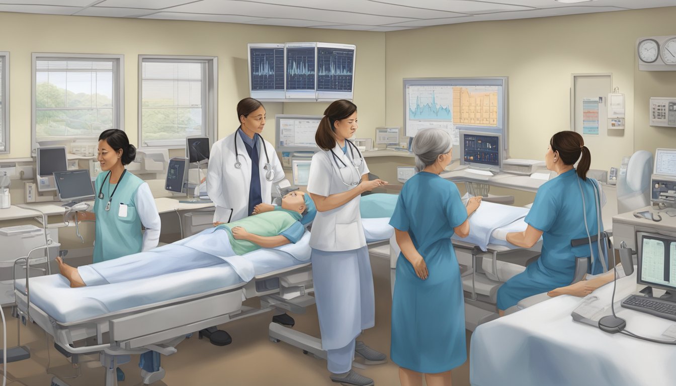 The Ruth Kam Heart and Arrhythmia Clinic bustles with patients and medical staff, with heart monitors beeping and charts being reviewed