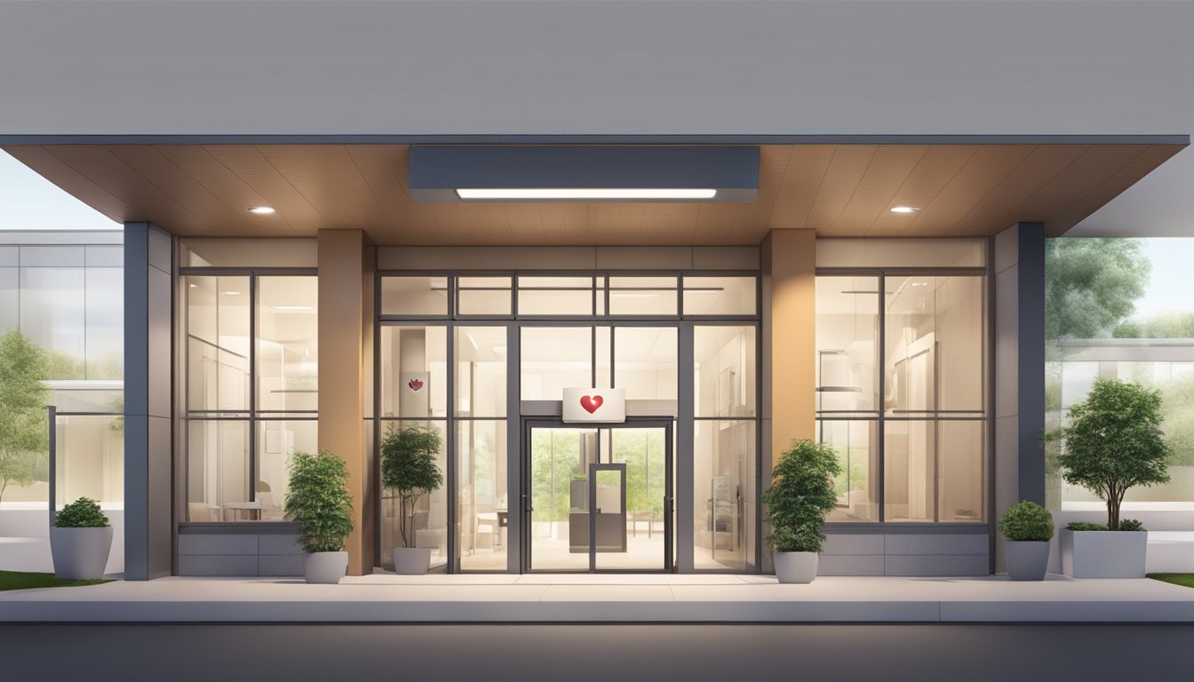 A modern cardiology clinic with a prominent sign displaying "Ruth Kam Heart and Arrhythmia Clinic." The exterior features a clean and professional design with large windows and a welcoming entrance