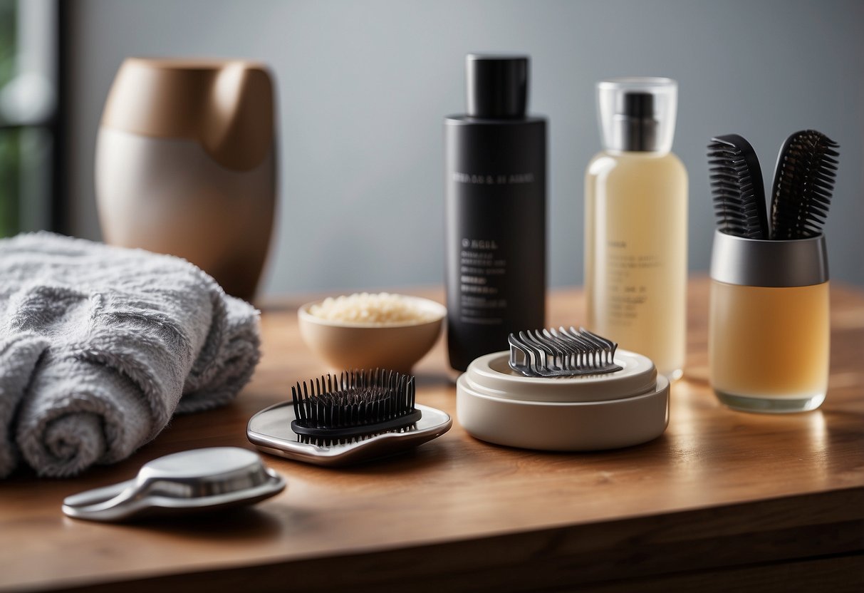 A table set with a hair topper, a gentle shampoo, a wide-tooth comb, and a towel