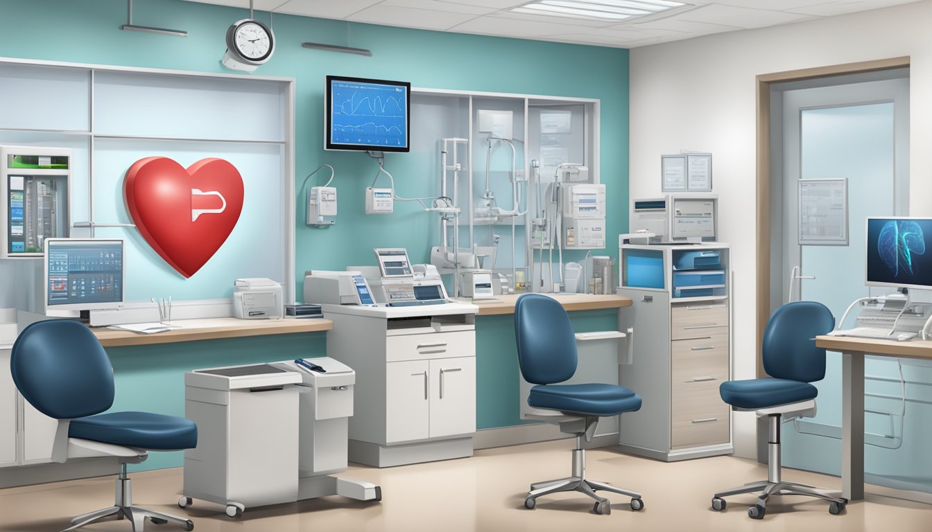 A modern cardiology clinic with medical equipment and computers, displaying the name "Doctor Expertise Ruth Kam Heart and Arrhythmia Clinic."