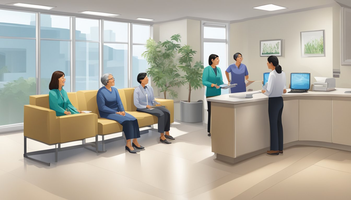Patients sit in a modern waiting room at Ruth Kam Heart and Arrhythmia Clinic. A receptionist greets them as they review the cardiology clinic