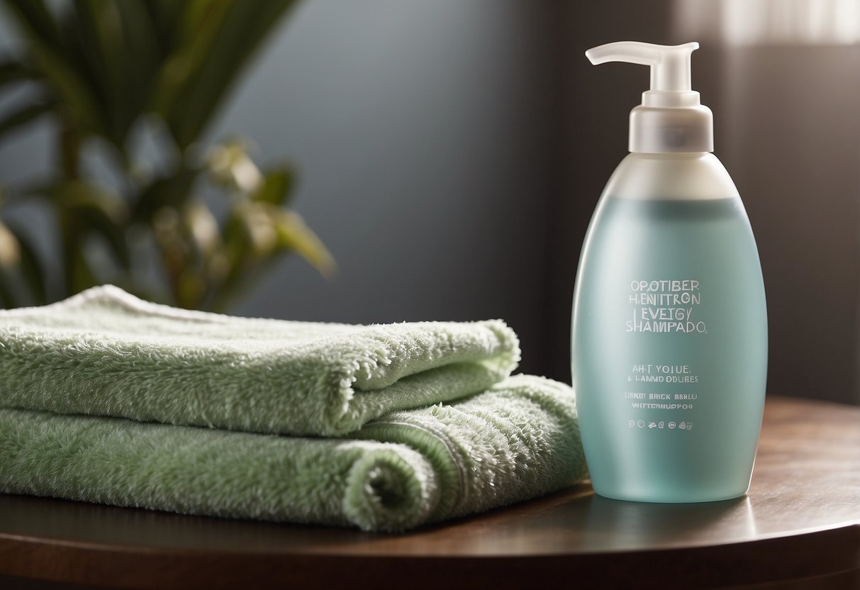 A bottle of gentle shampoo and a basin of lukewarm water sit on a clean, flat surface. A soft-bristled brush and a towel are nearby