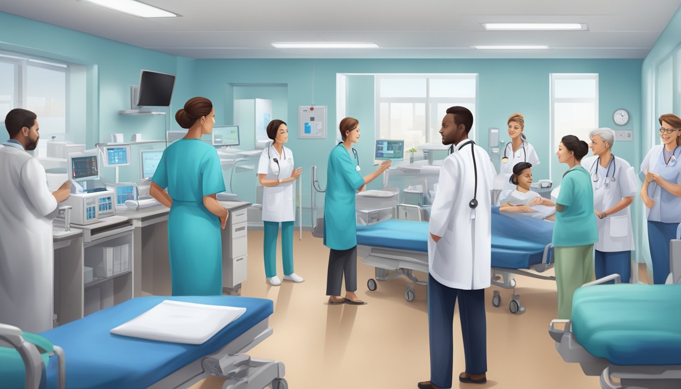 The medical centre's cardiology clinic bustles with patients and staff, with heart monitors beeping and medical equipment humming in the background