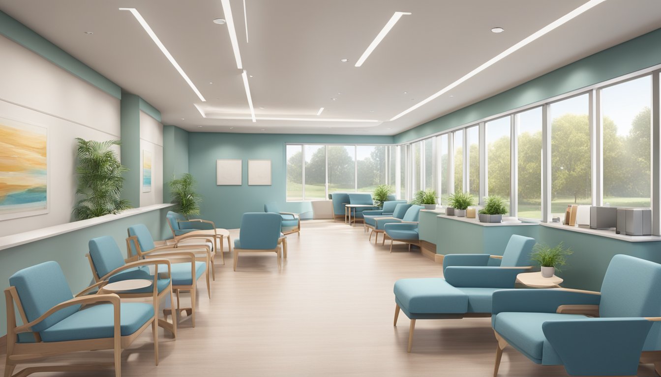 A modern, spacious cardiology clinic with state-of-the-art equipment and comfortable seating. A calming color scheme and natural lighting create a welcoming atmosphere for patients