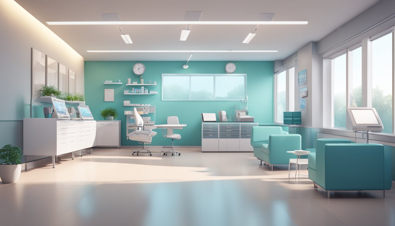 A modern cardiology clinic with sleek furniture and medical equipment. Bright lighting and a calming color scheme create a welcoming atmosphere