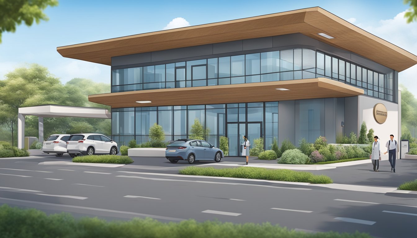 The exterior of Gerard Leong Cardiology Clinic, with a prominent sign and modern architecture, surrounded by a well-maintained landscape