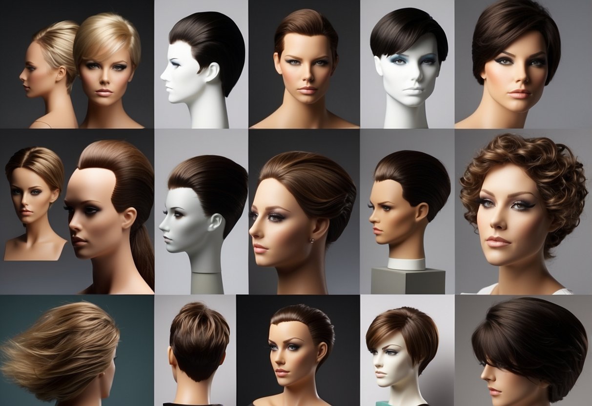 A table with various hair toppers displayed, ranging from light coverage to full coverage for different stages of hair loss