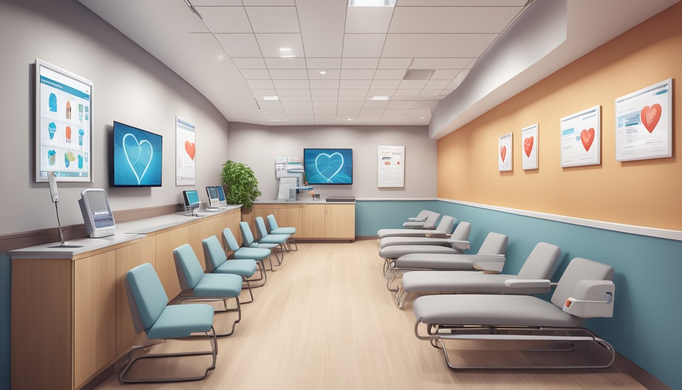 A modern cardiology clinic with state-of-the-art equipment and comfortable seating. The walls are adorned with heart health education posters and the atmosphere is calm and professional