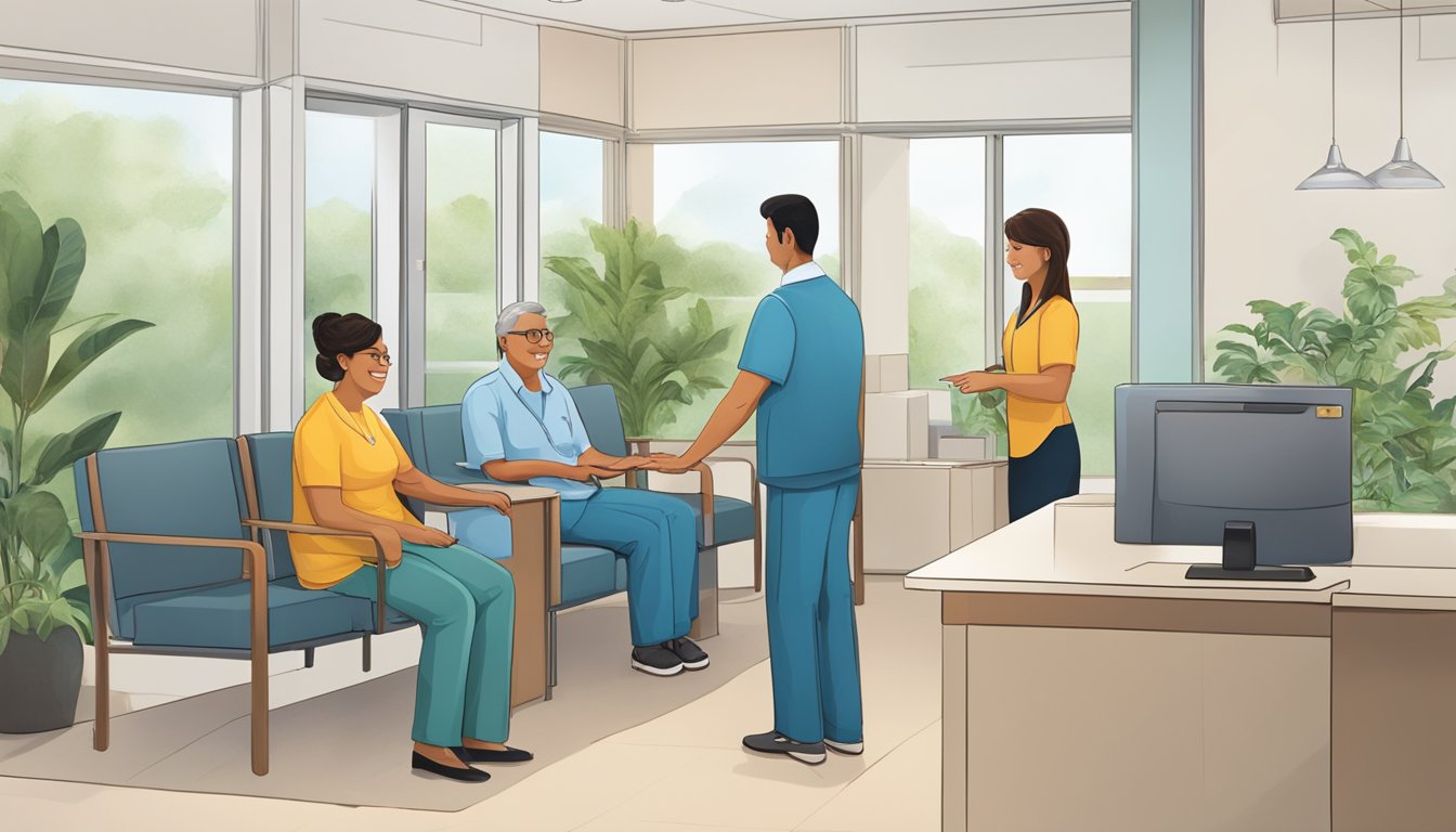Patients fill the waiting room at Heart Matters Medical Centre. A receptionist greets them as they check in for their cardiology appointments