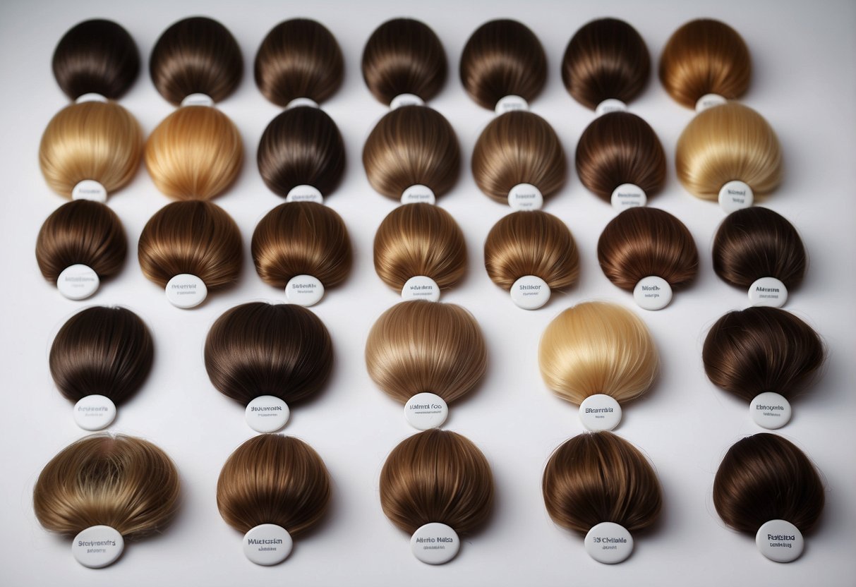 A display of hair toppers in various styles and colors, arranged by stages of hair loss, with accompanying styling tips