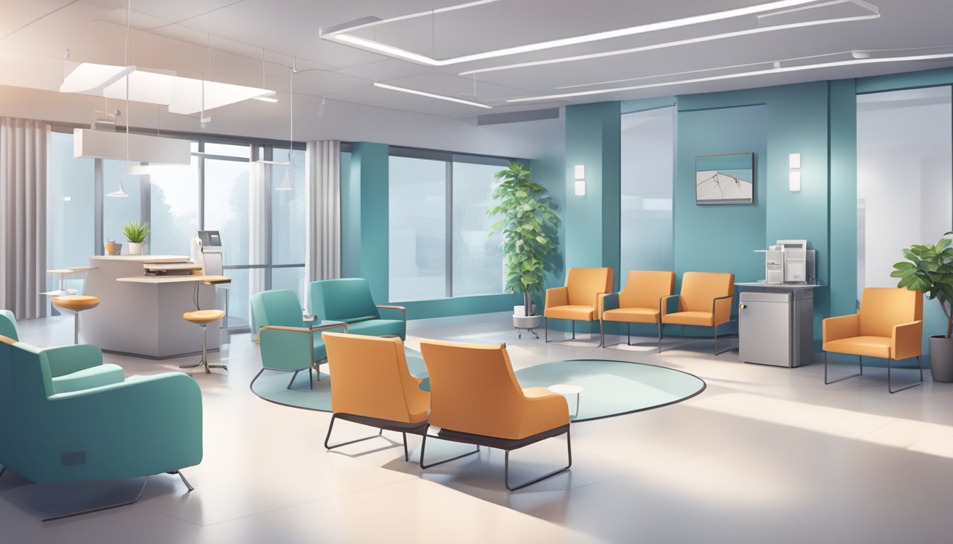 A modern cardiology clinic with a sleek waiting area, medical equipment, and staff interacting with patients