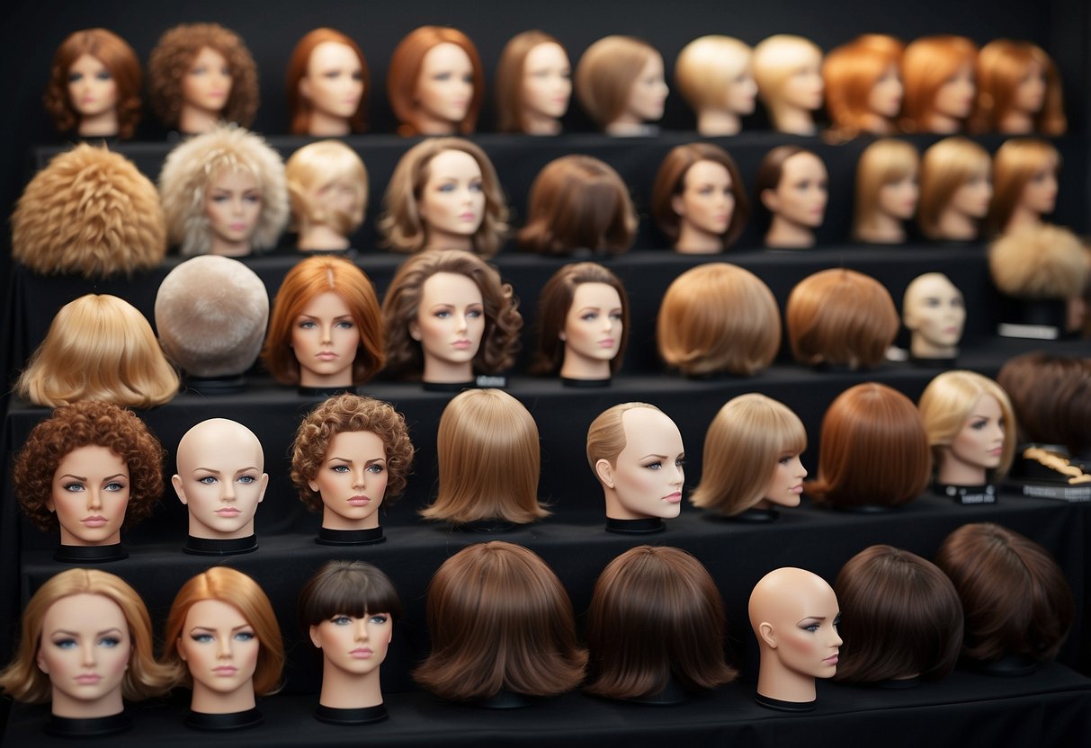 A display of hair toppers in various sizes and styles, labeled for different stages of hair loss