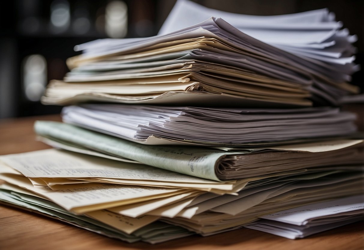 A pile of documents including Noti2, tax and social certificates, public procurement forms, and annual state certificates received