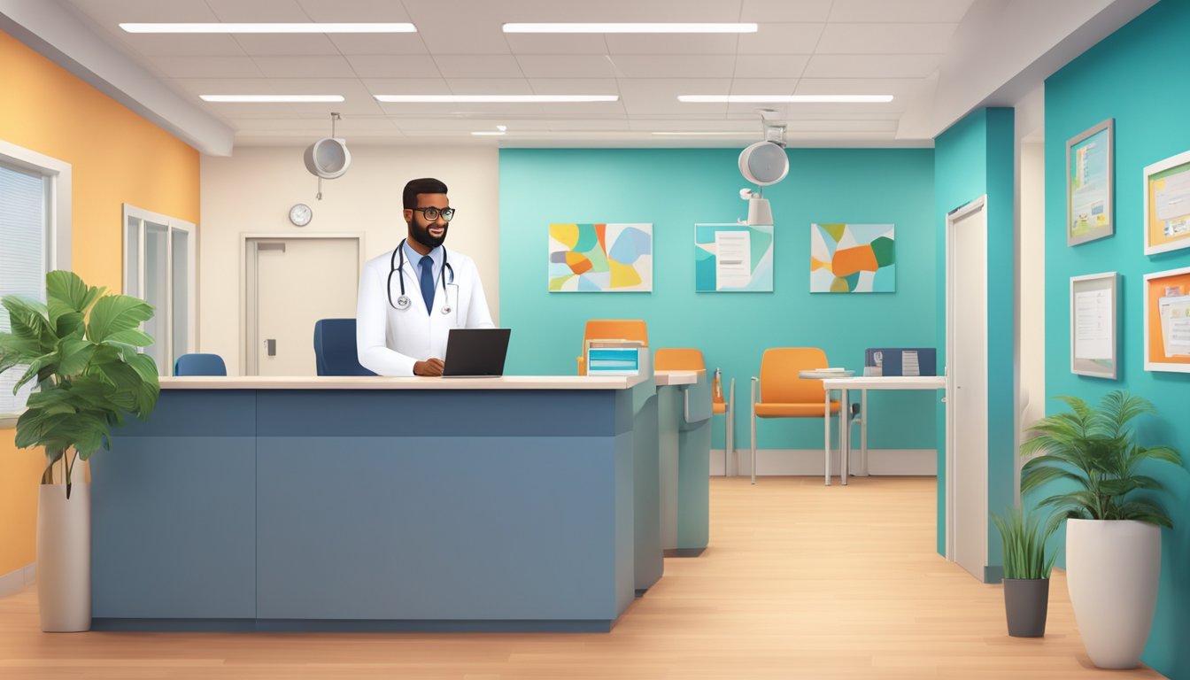 A modern cardiology clinic with colorful walls, comfortable seating, and medical equipment neatly organized. A friendly receptionist greets patients as they enter