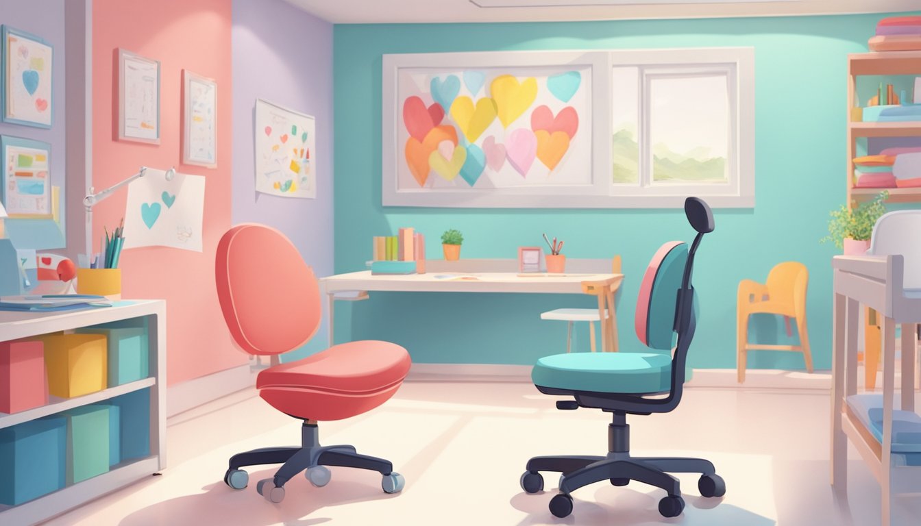 A child's heart-shaped drawing hangs on a clinic wall. A stethoscope and heart model sit on a desk. Bright, child-friendly decor fills the room
