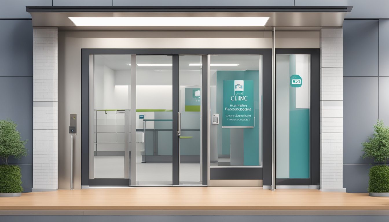 The clinic's entrance is easily accessible with a wide ramp and automatic sliding doors. A clear sign with the clinic's name and logo is displayed prominently