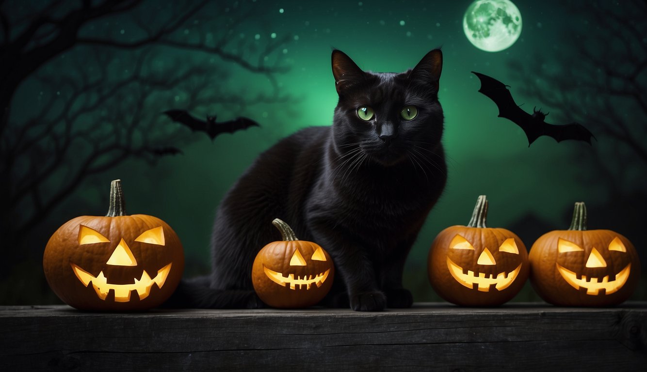 A black cat with glowing green eyes sits on a moonlit fence, surrounded by eerie Halloween symbols like bats, spiderwebs, and pumpkins Black Halloween Nails