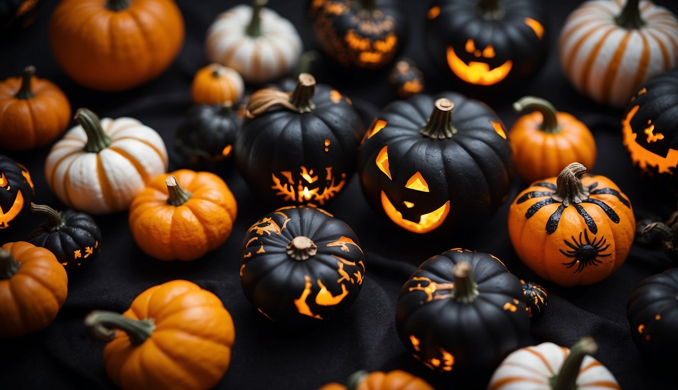 A black background with orange and white Halloween-themed designs, such as pumpkins, bats, and spiders, on each nail