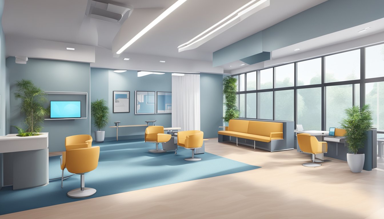 A modern cardiology clinic with medical equipment, comfortable seating, and a reception desk