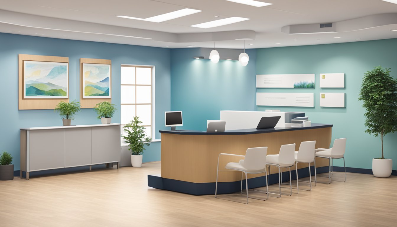 A modern cardiology clinic with a sleek reception desk, comfortable waiting area, and informational brochures on the walls