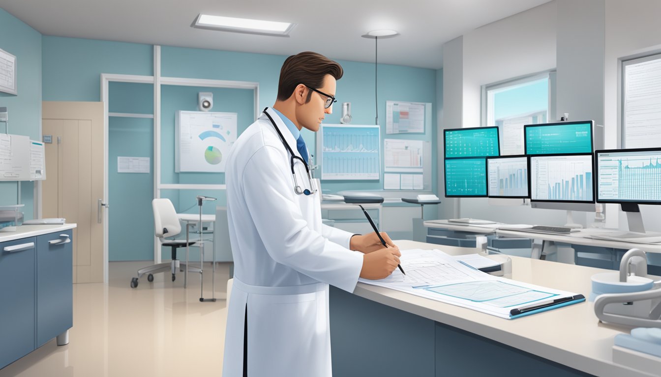 A cardiologist reviews patient charts in a modern clinic setting with medical equipment and charts in the background
