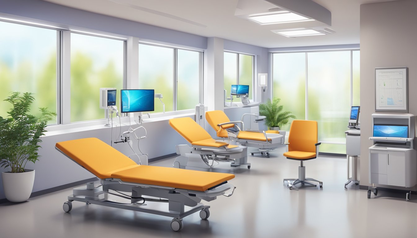 A modern cardiology clinic with state-of-the-art equipment and comfortable seating for patients. Brightly lit and welcoming atmosphere